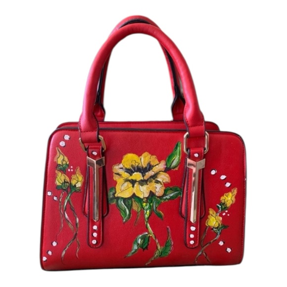 Handbags - Custom Hand Painted "Lady In Red" Floral Upcycled Shoulder Bag- One of a kind!
